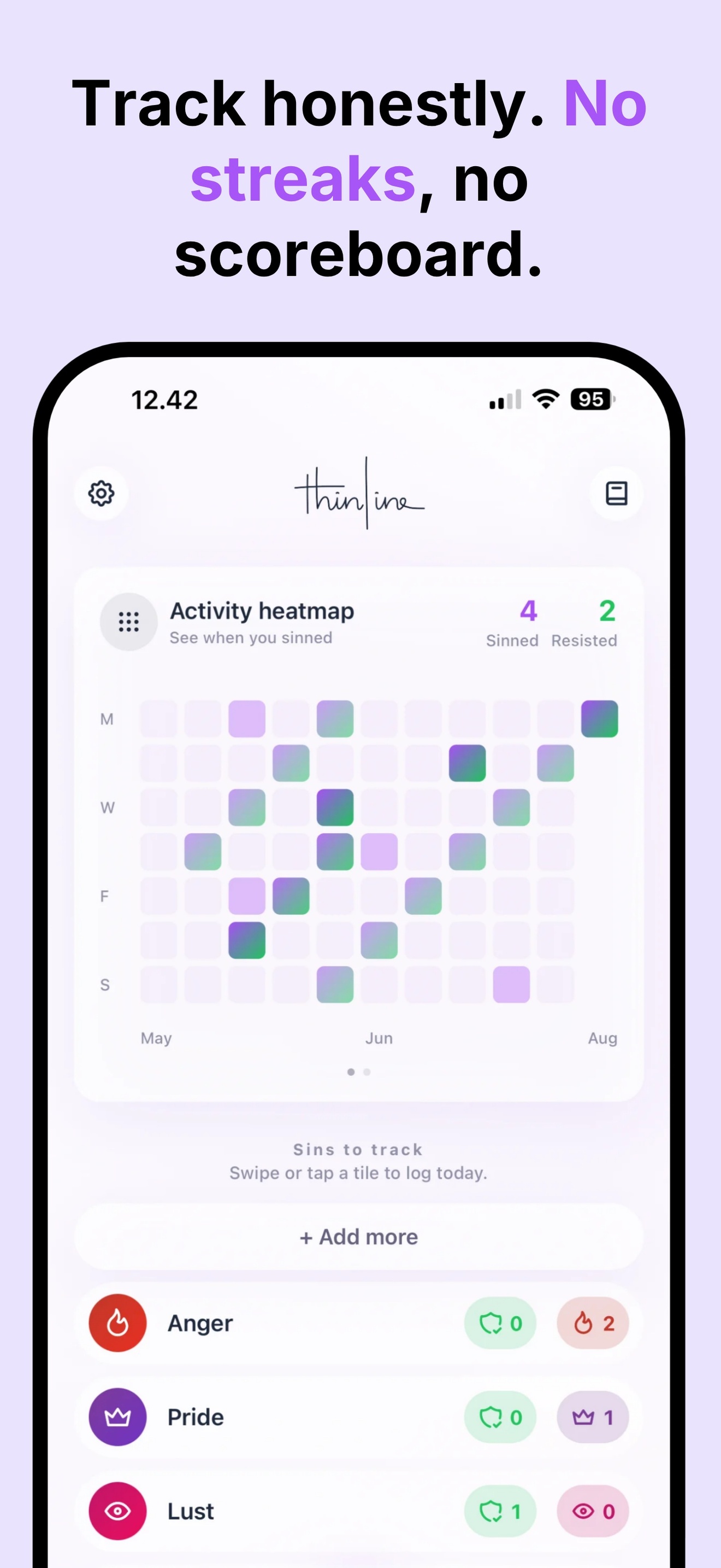 Thinline home screen with an activity heatmap and sins to track. No streaks or scoreboard.